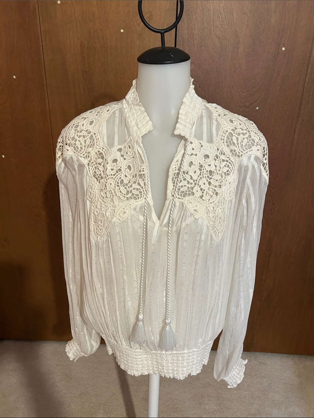Lace-Yoke White Peasant Blouse with Tassel Tie